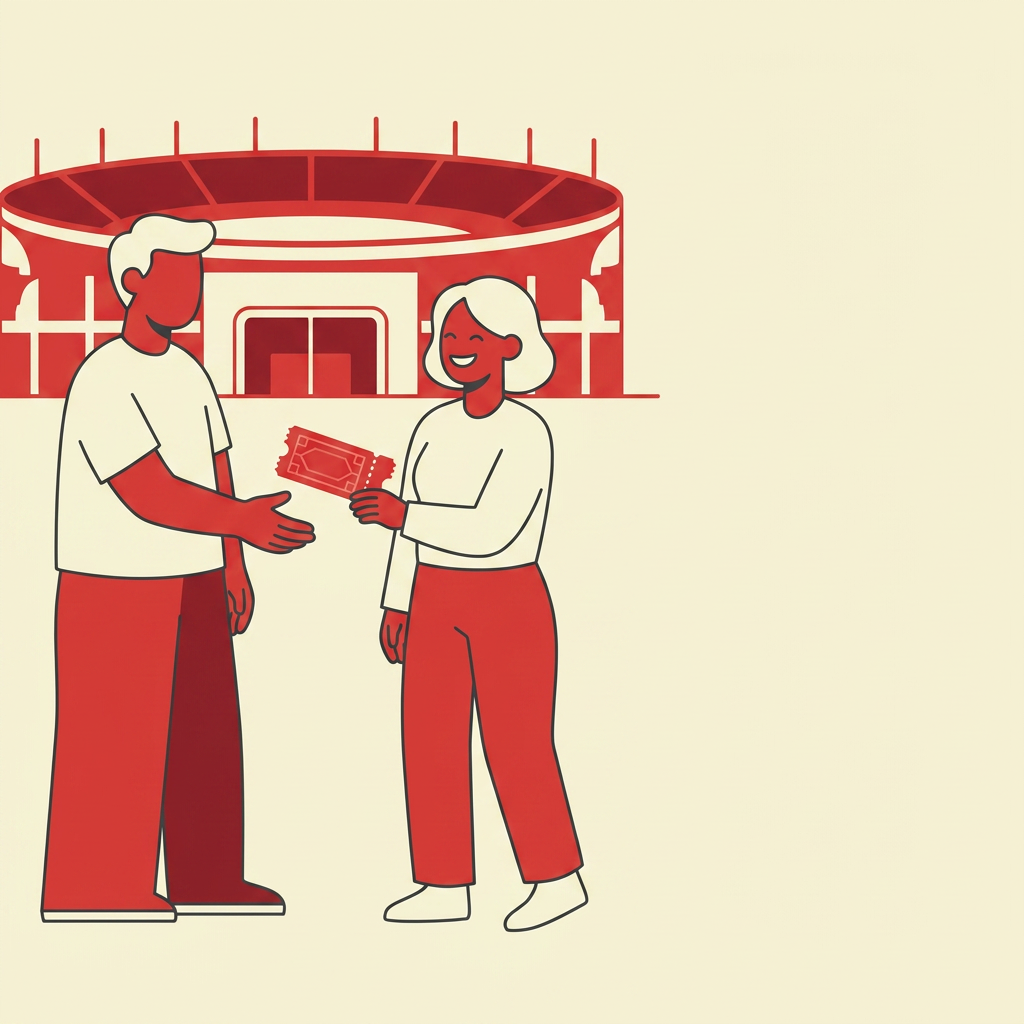 Two people exchanging a concert ticket at a venue entrance
