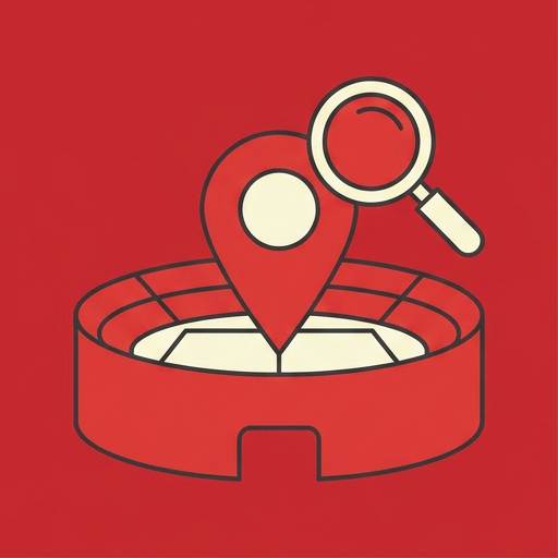 Map pin over a stadium with a magnifying glass